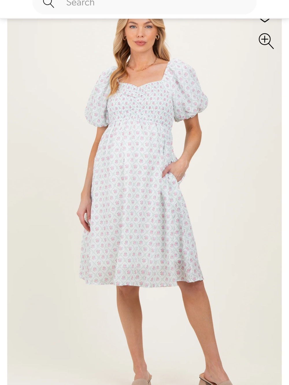 Pinkblush White Midi Dress with Pink Floral Print and Puff Sleeves